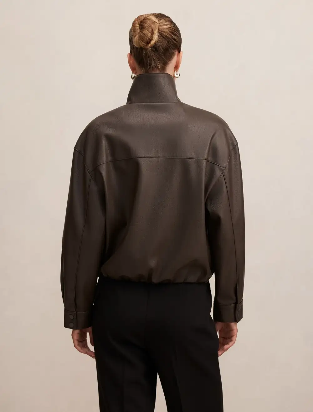 Dark Brown Oversized Faux Leather Bomber Jacket