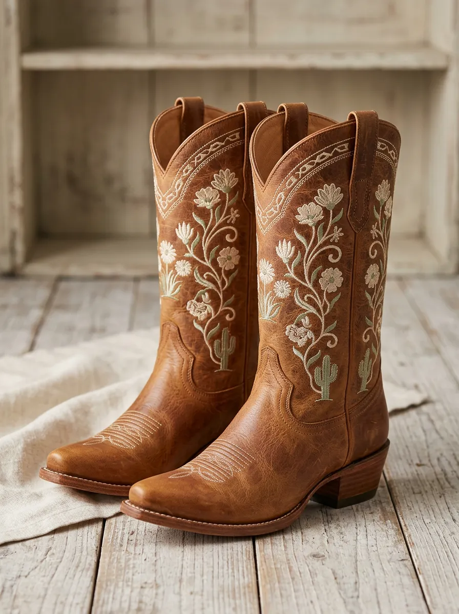Women's Classic Western Cowgirl Cowboy Cactus Floral Embroidered Cowgirl Boots