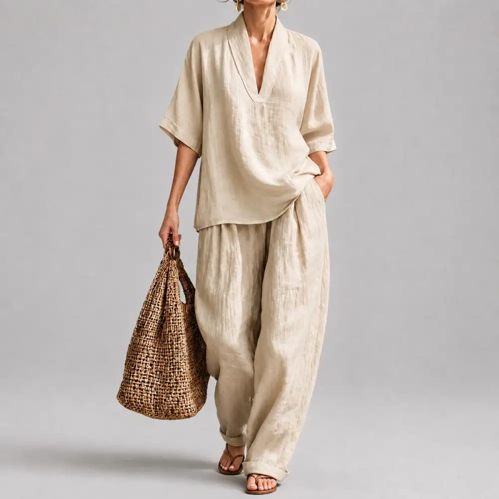 Women's Loose V-Neck Two Piece Lounge Set
