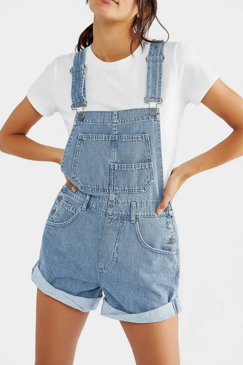 Neck Wide Strap Denim Overalls Crisscross Back Bib Overalls