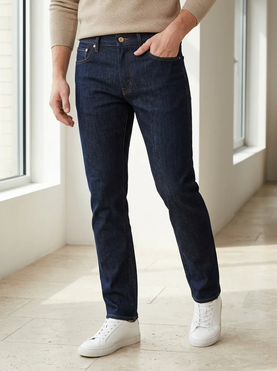 Men's Casual Style Dark Indigo Denim Printed Jeans