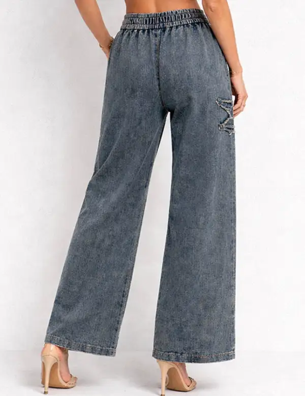 Star Distressed Drawstring Waist Wide Leg Denim Pants