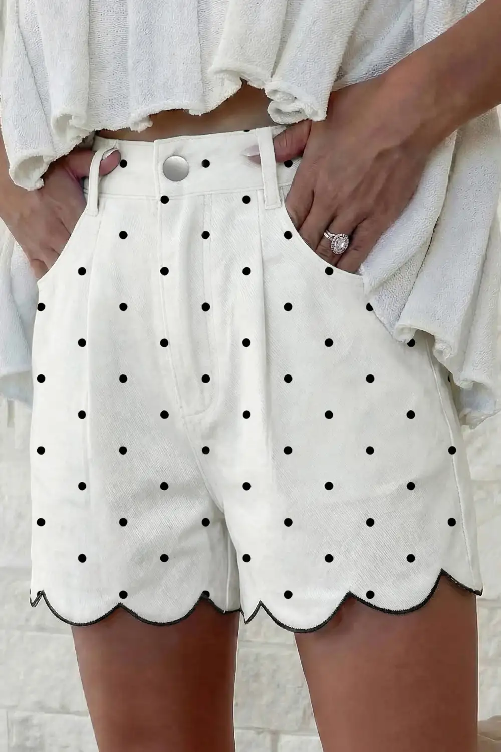 Polka Dot Embroidered Scallop Hem Casual Shorts
