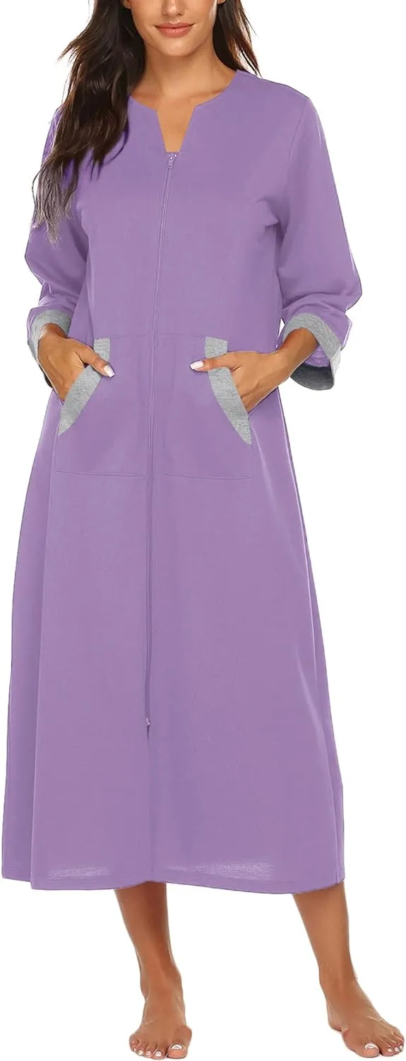 50% OFF Women Zipper Robe 3/4 Sleeves Loungewear Dress Full Length Sleepwear Pockets Housecoat Nightgown Long Bathrobe