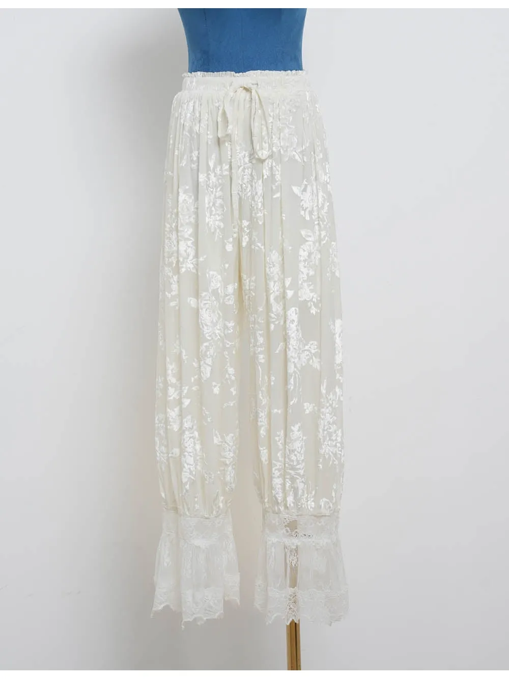 Lace Hem Flocked Elastic Waist Lantern Pants