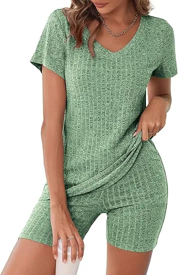 10PACK-Ribbed Pajama Short Sleeve Workout Set