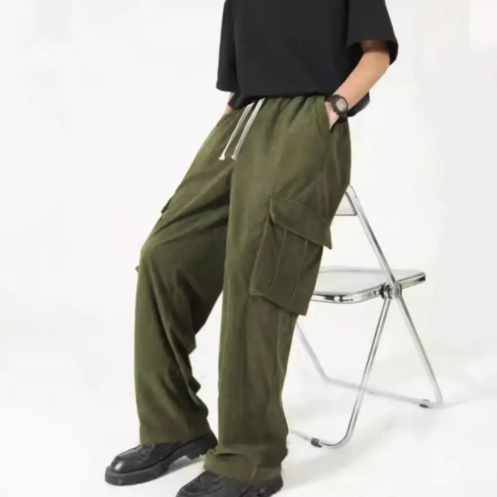 Men's Loose Wide Corduroy Cargo Pants Waistband Pockets