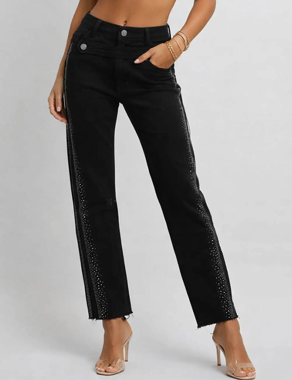 Side Rhinestone Button Waist Skinny Denim Pants