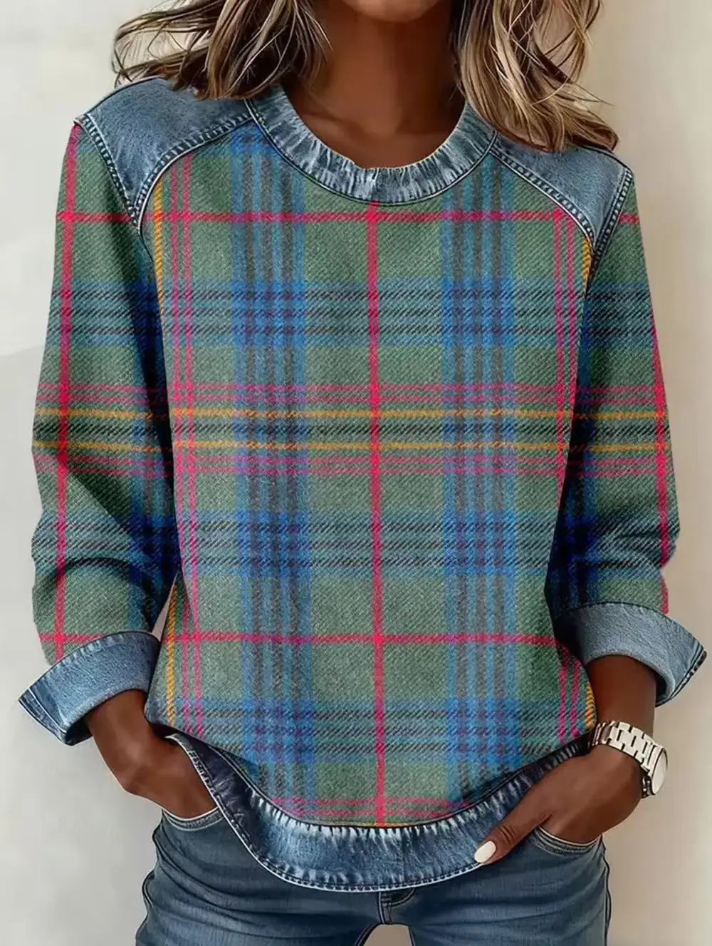 Retro Plaid Crew Sweatshirt