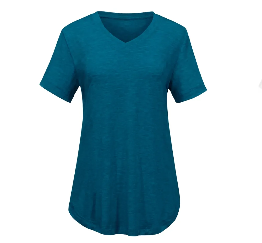 Women's Casual V-Neck Solid Color T-Shirt with Curved Hem