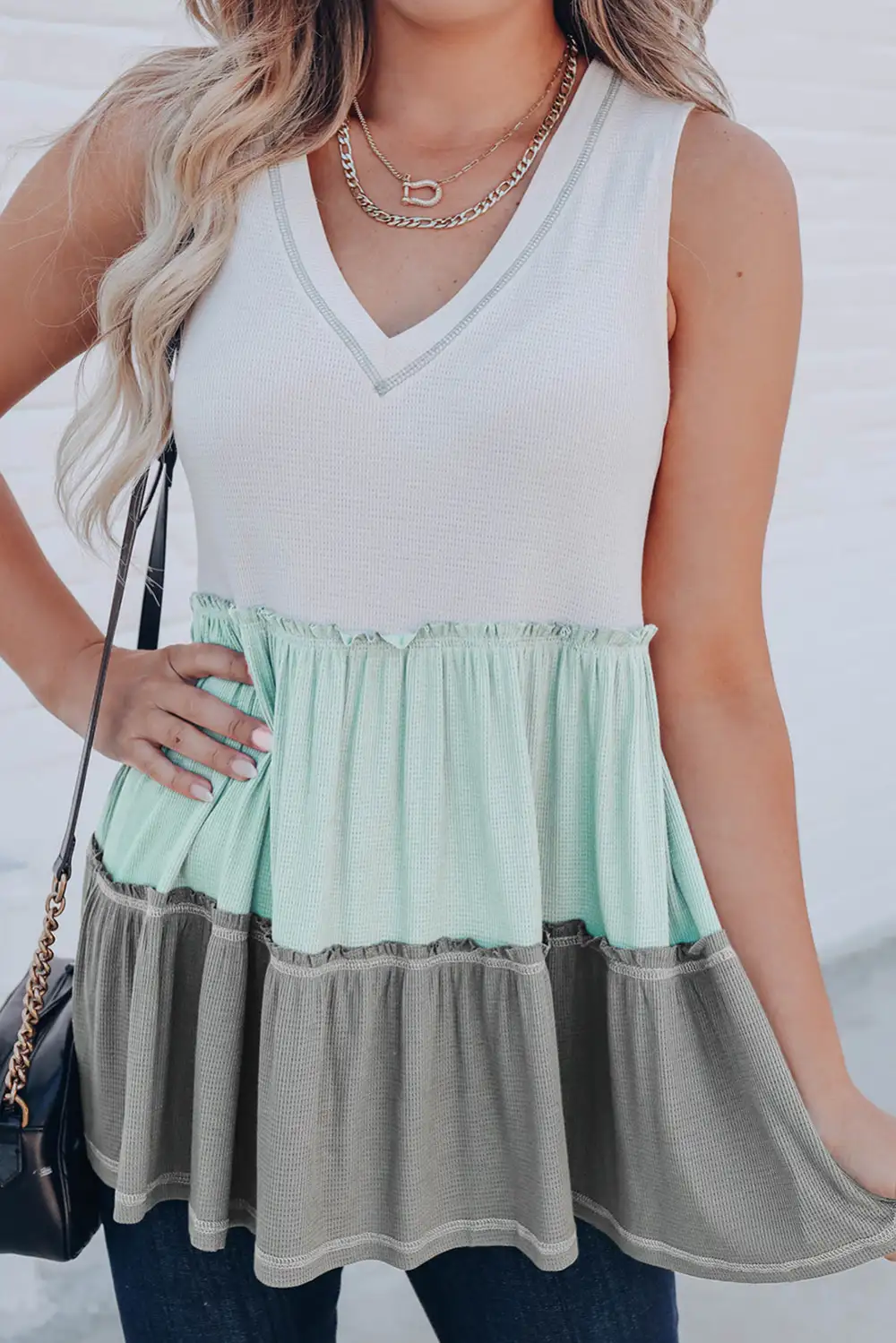 Ruffled V Neck Block Tank Top