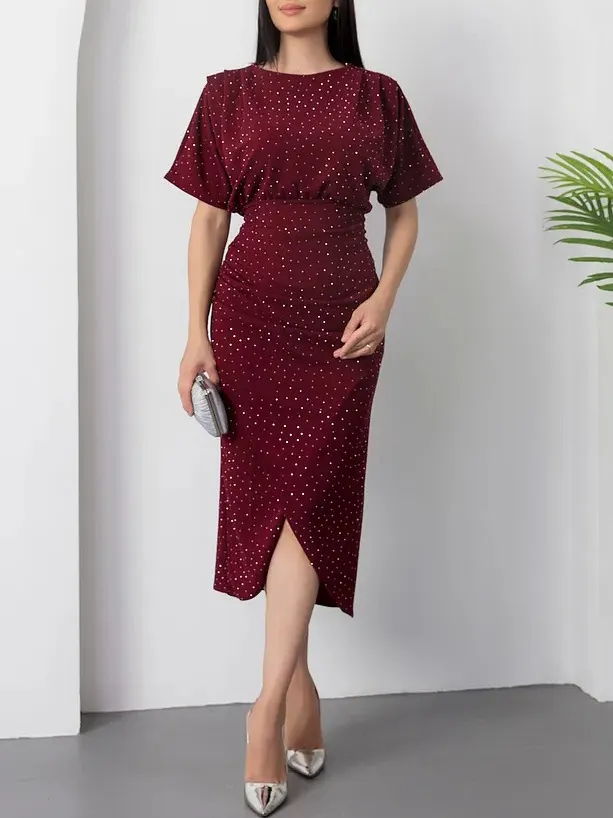 Elegant Round Neck Polka Dot Print Midi Dress