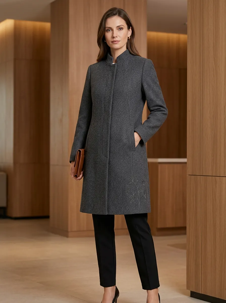 Women's Minimalist Botanical Leaf Embroidered Printed Coat