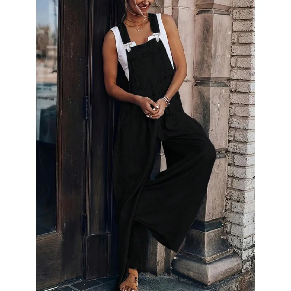 Women's Denim-Effect Print Plicated Wide Leg Overalls Jumpsuit