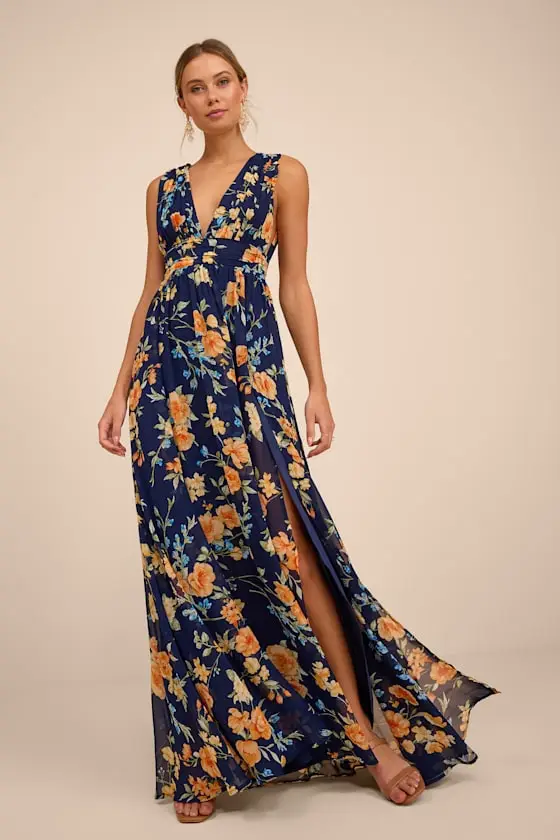 Heavenly Hues Dark Blue Floral Maxi Dress