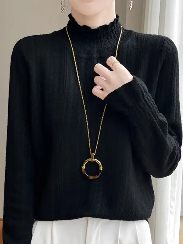 Long Sleeve Relaxed Elasticity Ruffle Trim Mock Neck T-Shirt