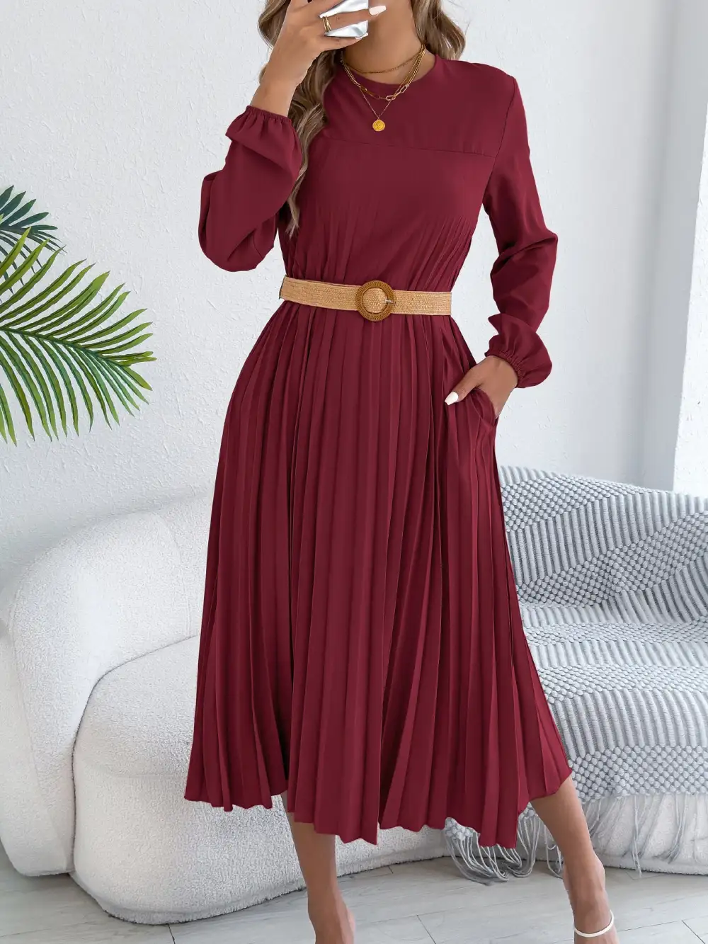 Pleated Pleated A-Line Midi Dress