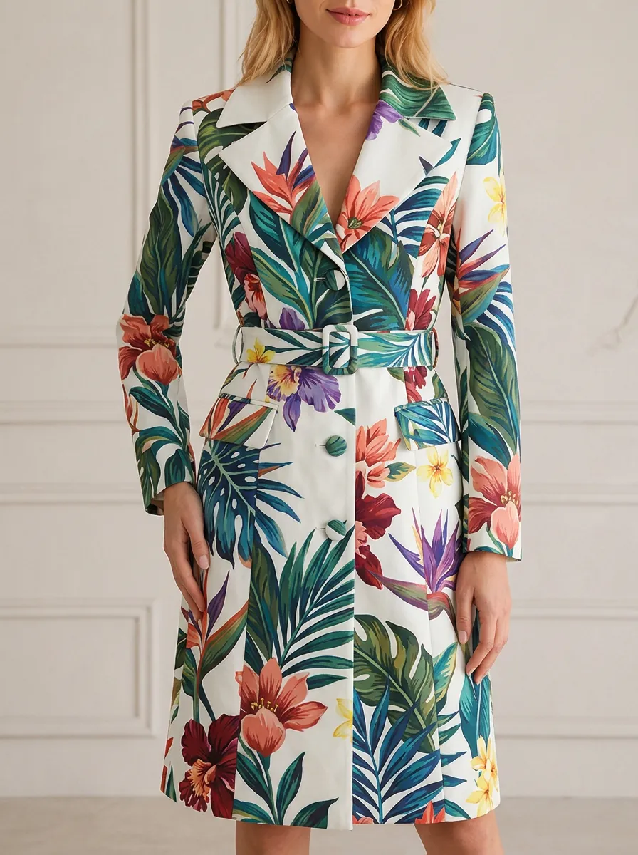 Women's Tropical Floral Leaf Pattern Printed Belted Blazer