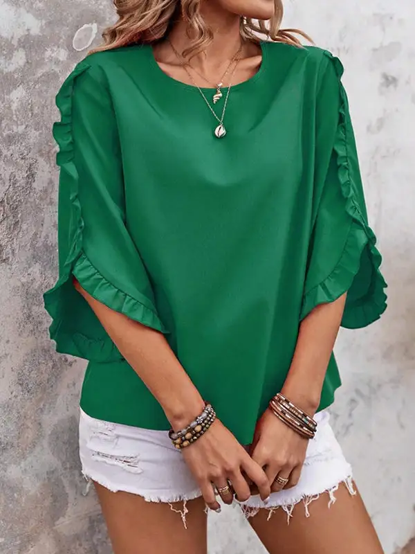 Relaxed Three Quarter Sleeves Ruffle Trim Round Neck T-Shirt
