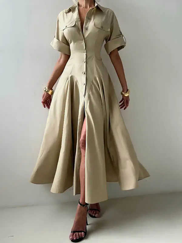 Lapel Buttoned Sleeve Shirt Maxi Dress