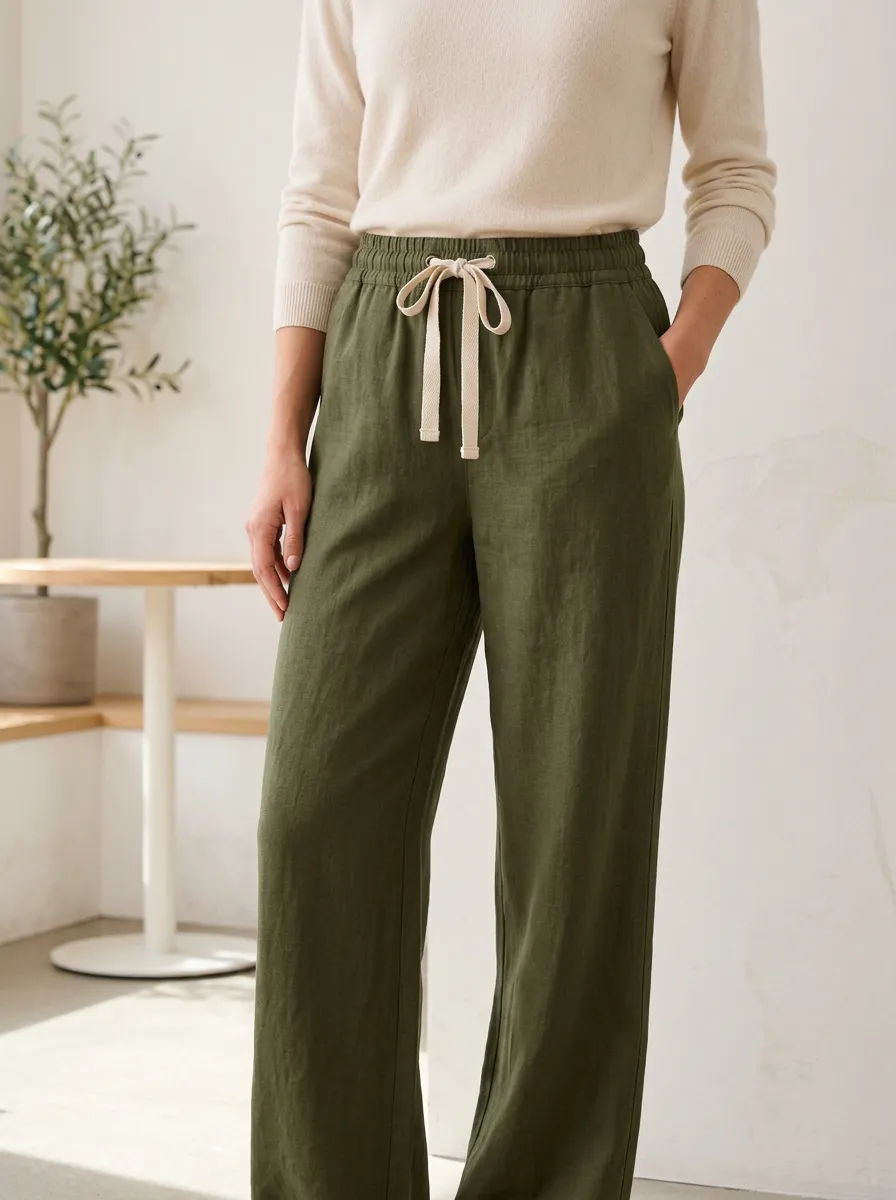 Women's Modern Linen Inspired Adjustable Drawstring Waist Pants