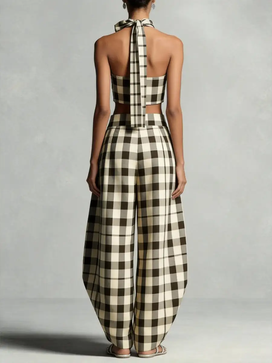 Plaid Print Blouse And Pants Set
