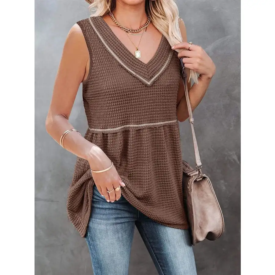 V Neck Waffle Knit Tank Top With