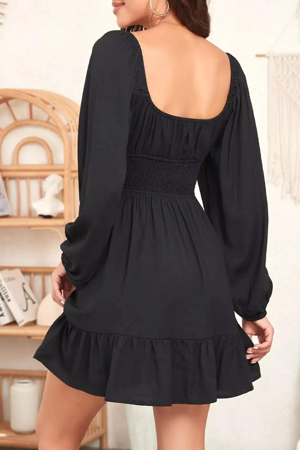 Solid Long Sleeve Shirred Drawstring Ruffle Mini Dress