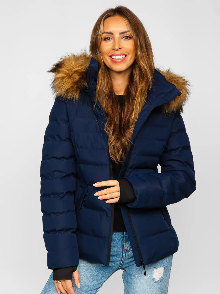 Dark blue women's quilted winter jacket with hood