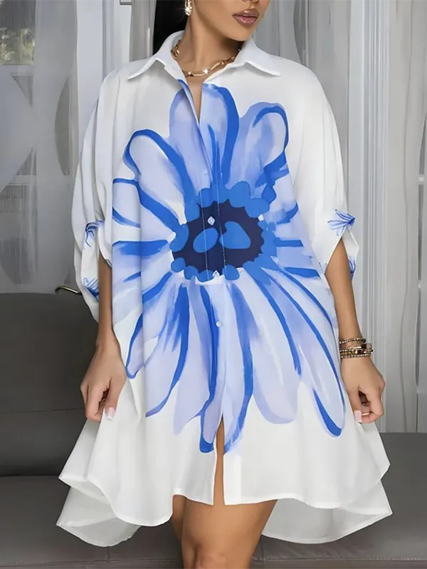 Half Sleeve Relaxed Buttoned Flower Print Lapel Mini Dress Shirt Dress