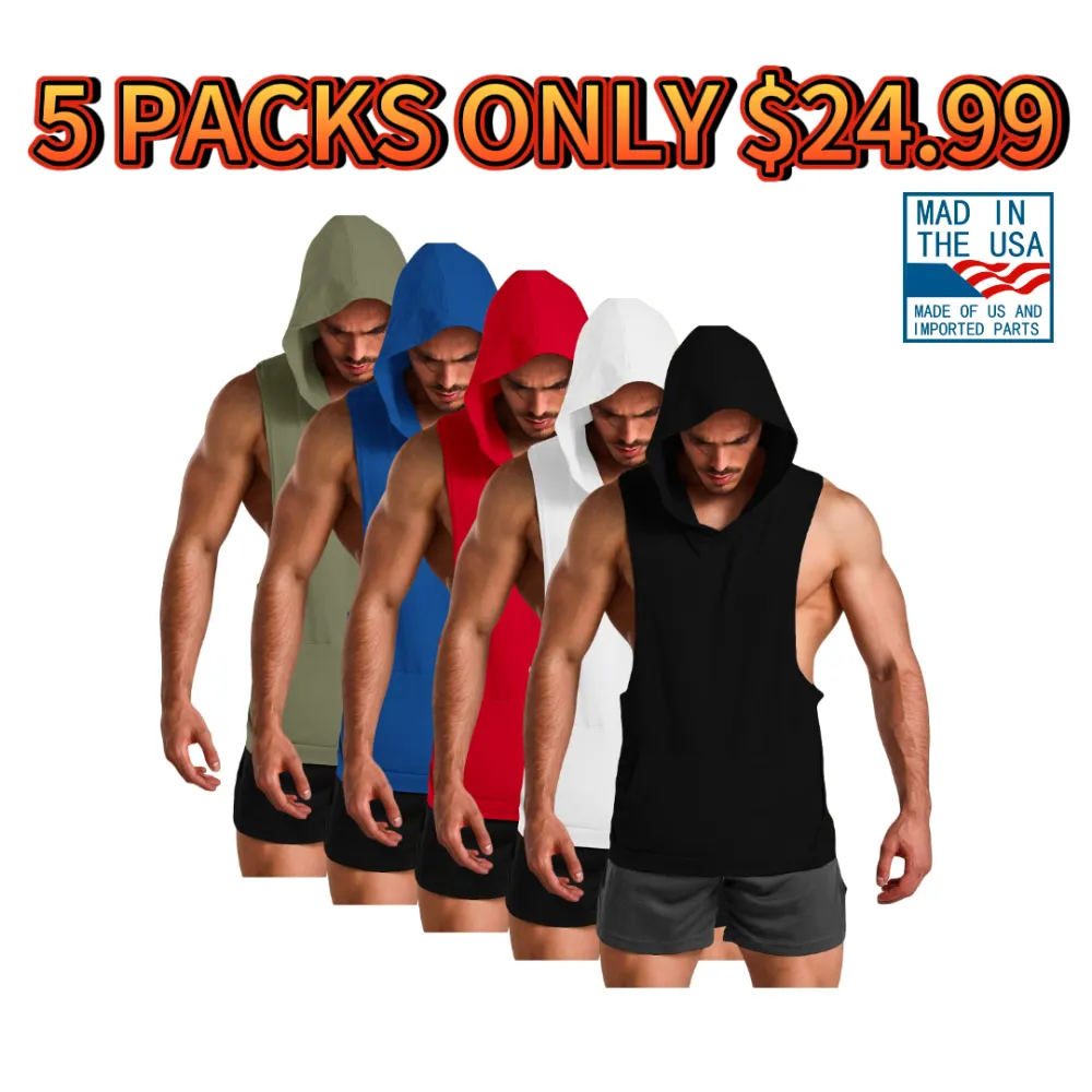 🔥Last Day 49% Off-Men's Solid Kangaroo Pocket Hooded Sports Vest Loose Fit Sleeveless Fitness Hoodie for Summer Gym Workout Running Fathers Day Gift Training Shirt Modern Sportswear