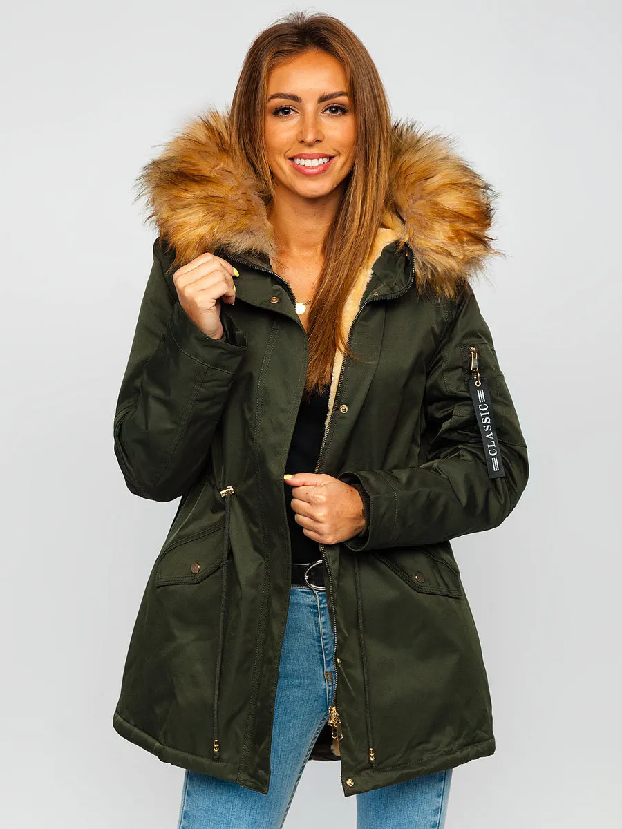 Khaki women's winter parka jacket with hood