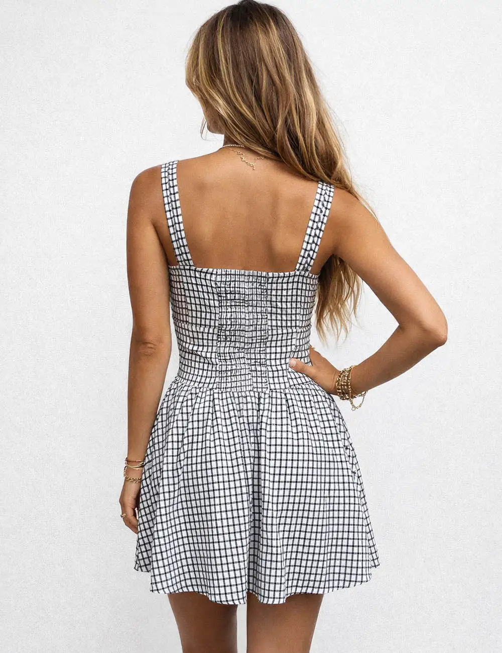 Romantic Checked Lace Trim Square Neck Mini Dress