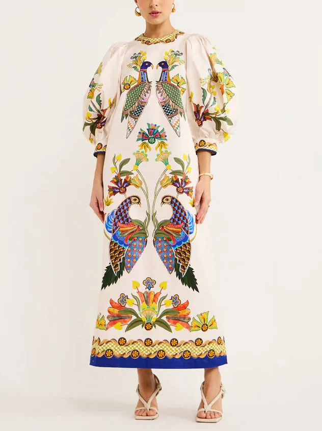 And Fun Printed Puff Sleeves Loose Midi Dress