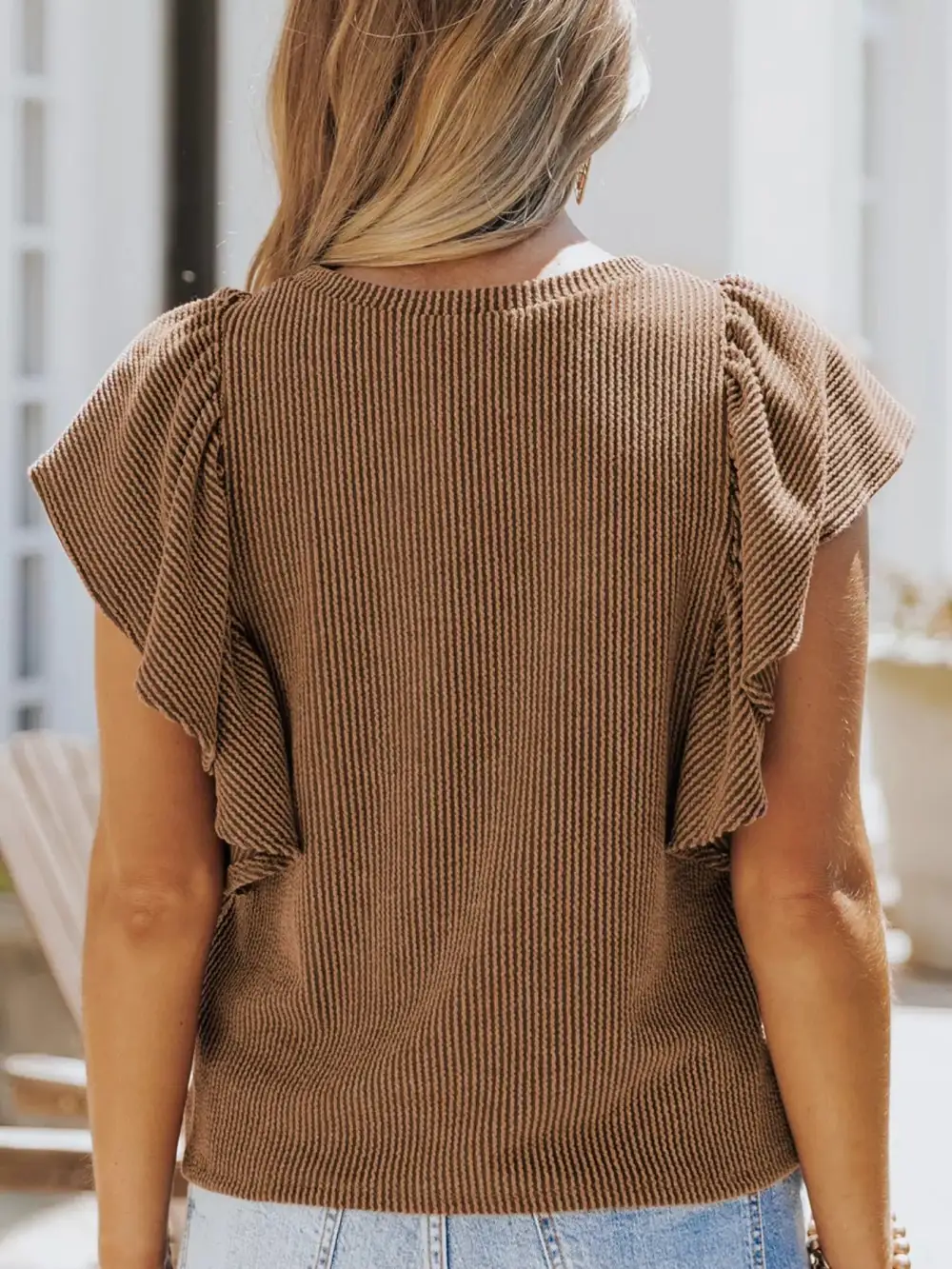 Ruffled Sleeve Ribbed Knit T Shirt Plus