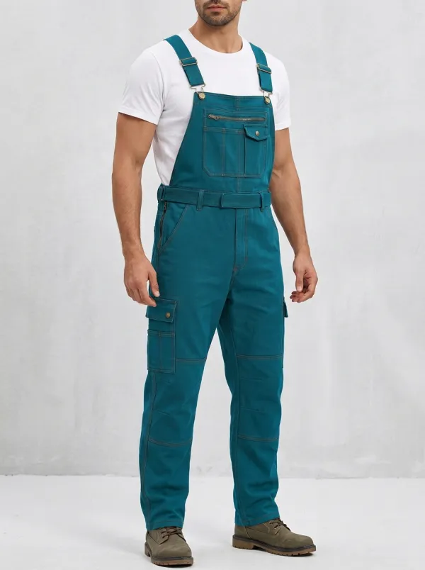 Men's Casual Utility Olive Green Cargo Bib Overalls