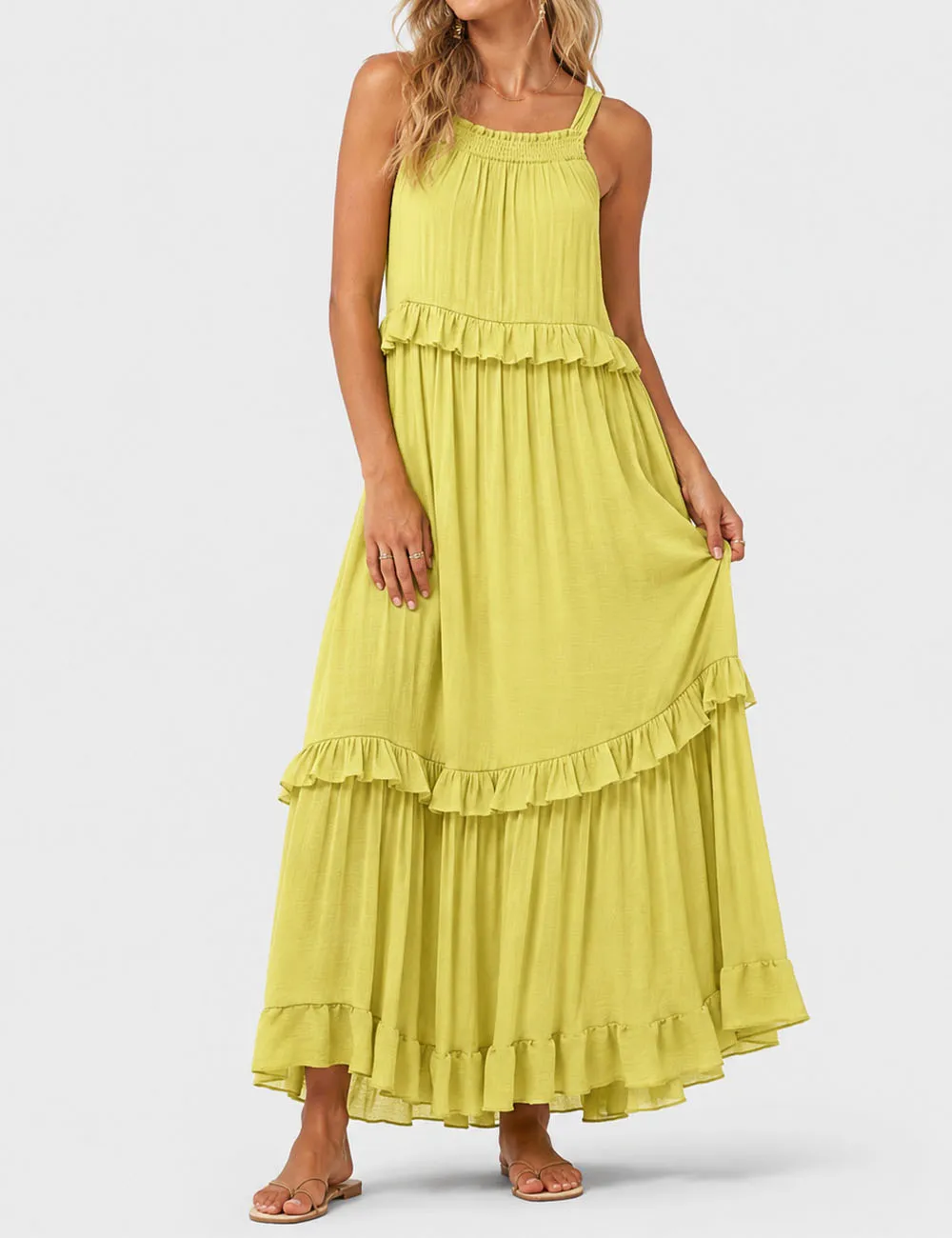 Boho Ruffle Tiered Hem Sleeveless Solid Color Maxi Dress