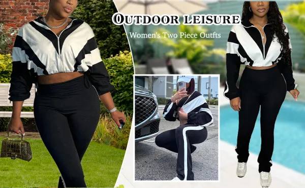 Womens Sweatsuits 2 Piece Set Contrast Color Long Sleeve Zip Up Cropped Jacket Leggings Pants Jogger Track Suits