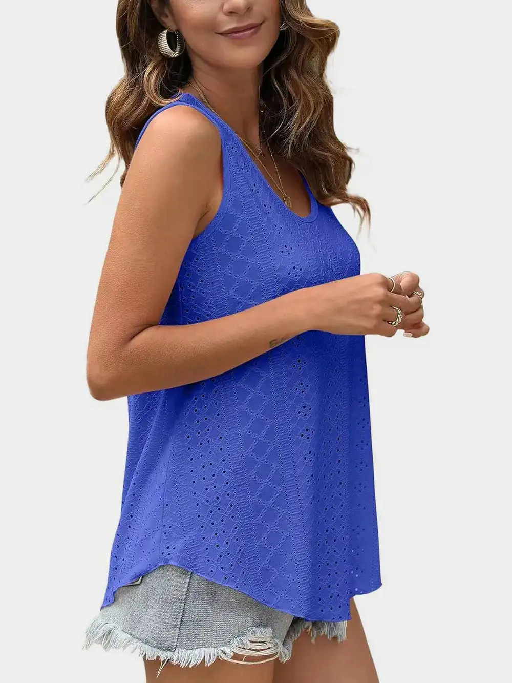 Eyelet Round Neck Tank With Sheer Detail