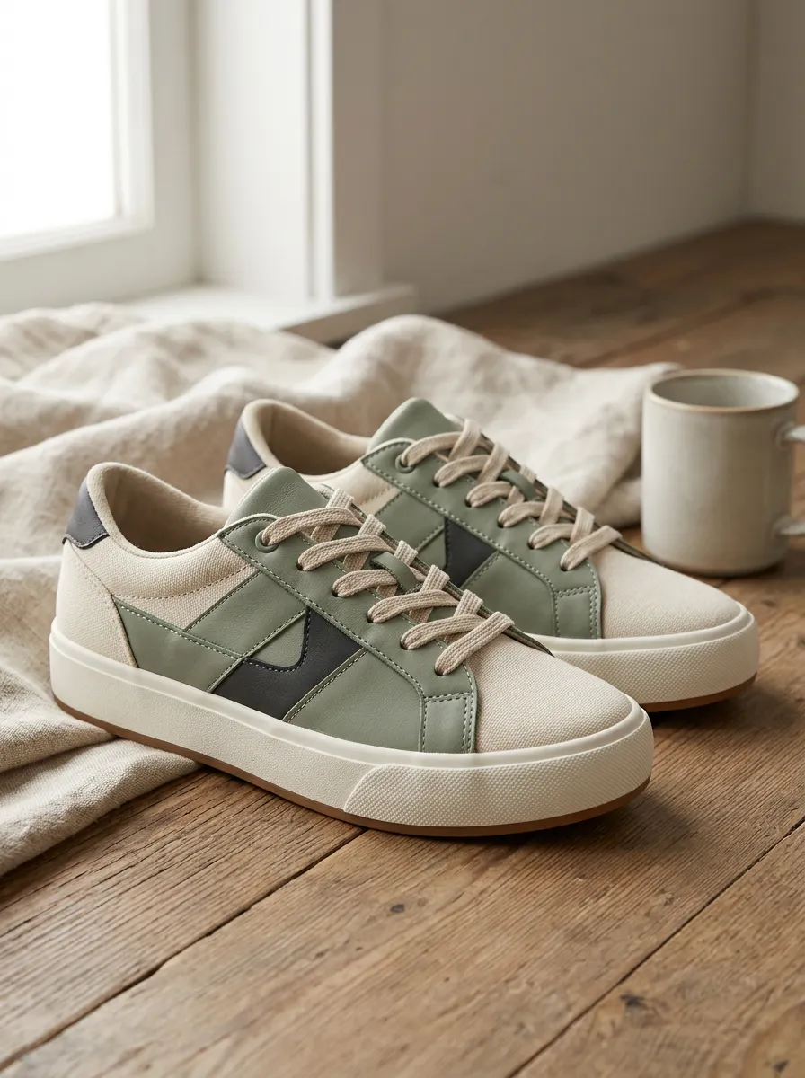 Women's Casual Sage Green Canvas Colorblock Printed Sneakers