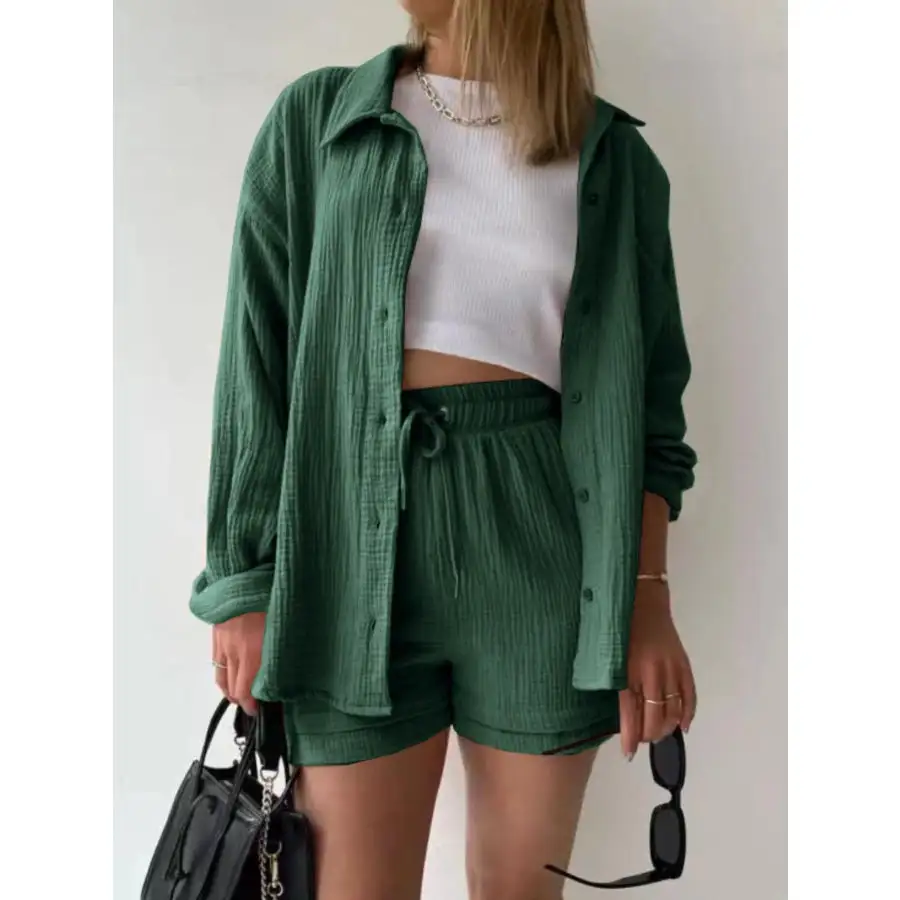 Textured Button Up Shirt and Shorts Set