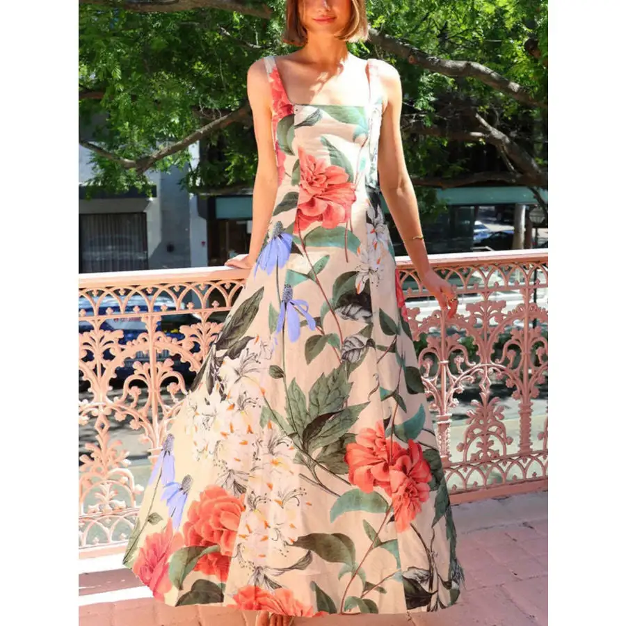 Relaxed Floral Print Square Neck Maxi Dress