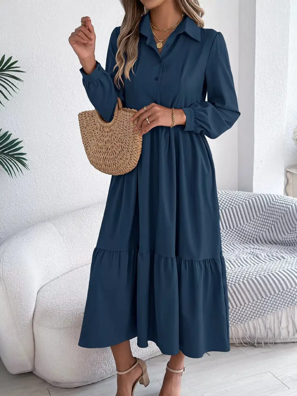 Button Front Tiered Long Sleeve Midi Dress