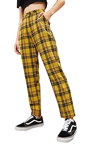 Women's Tartan Plaid Mid Waist Straight Pants