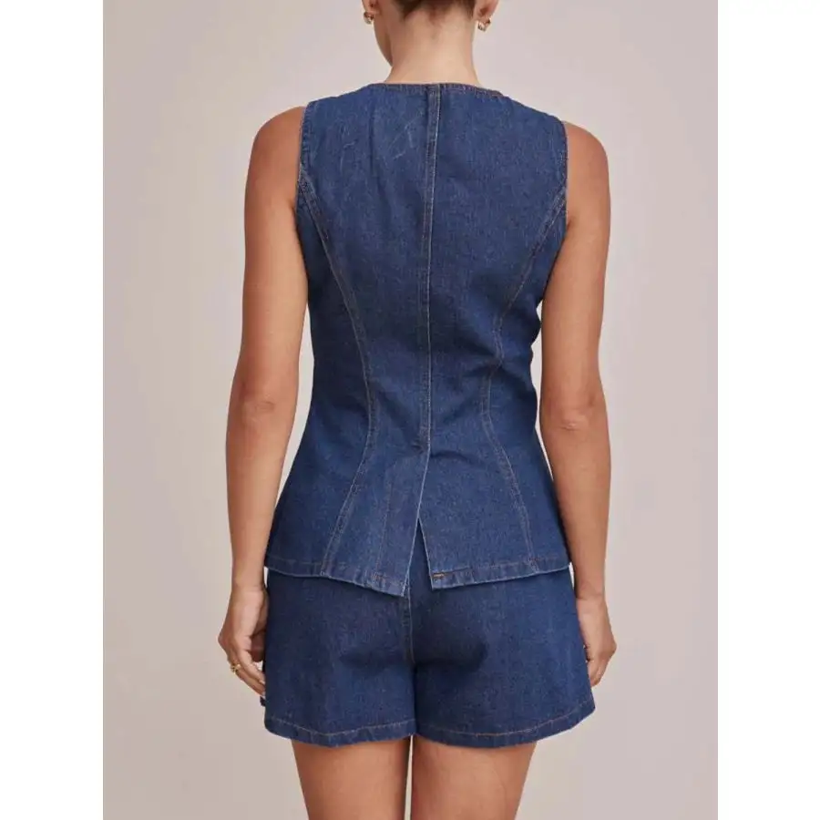 Relaxed Button Down Vest and Shorts Denim Set