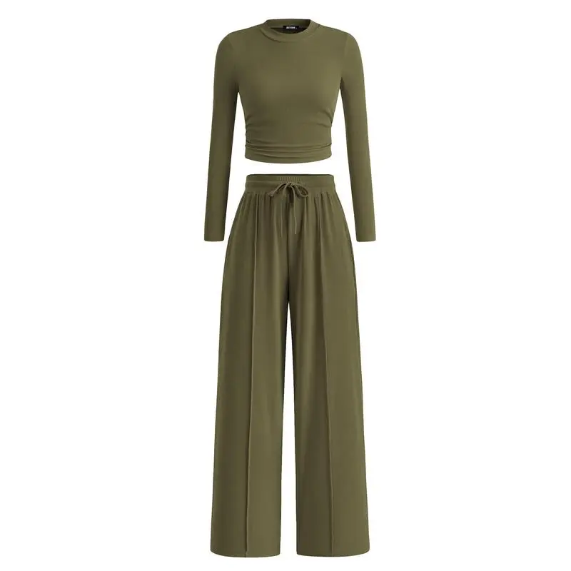 Ribbed Knit Set: Cropped Long-Sleeve Top and Wide-Leg Pants Casual Homewear Set