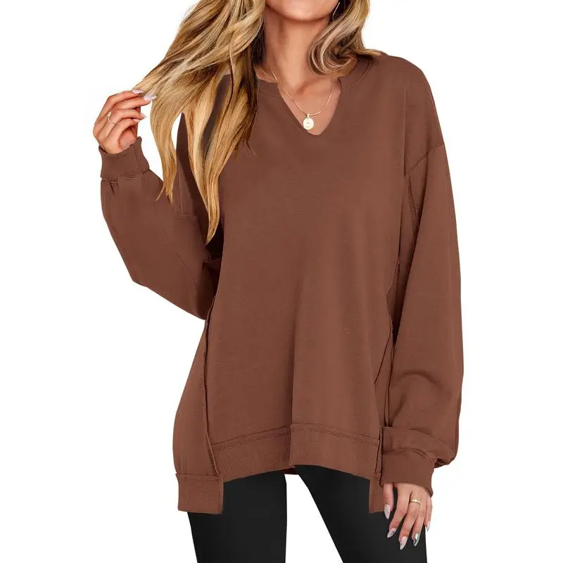 Women's Oversized Sweatshirt V Neck Long Sleeve Tunic Lightweight Pullover