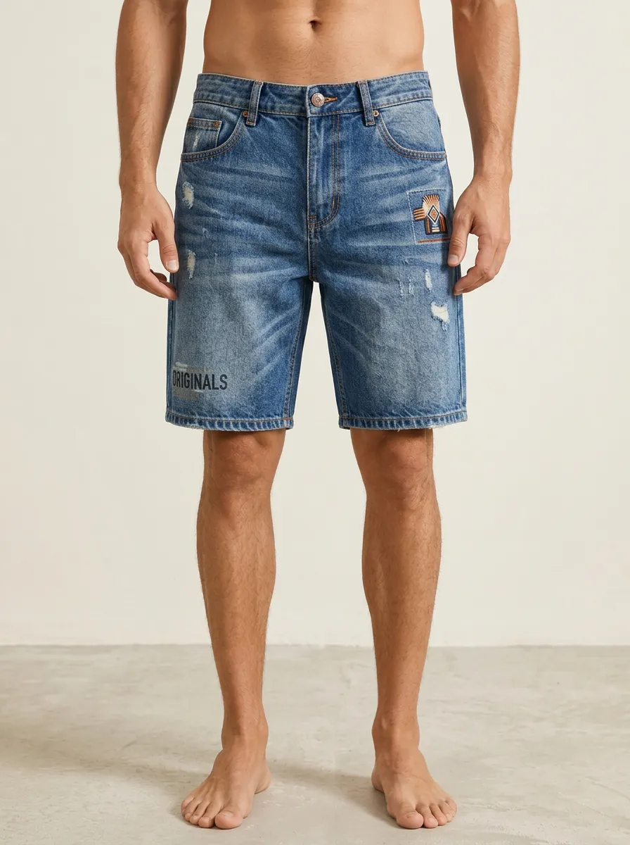 Men's Casual Streetwear Tribal Patch Originals Printed Denim Shorts