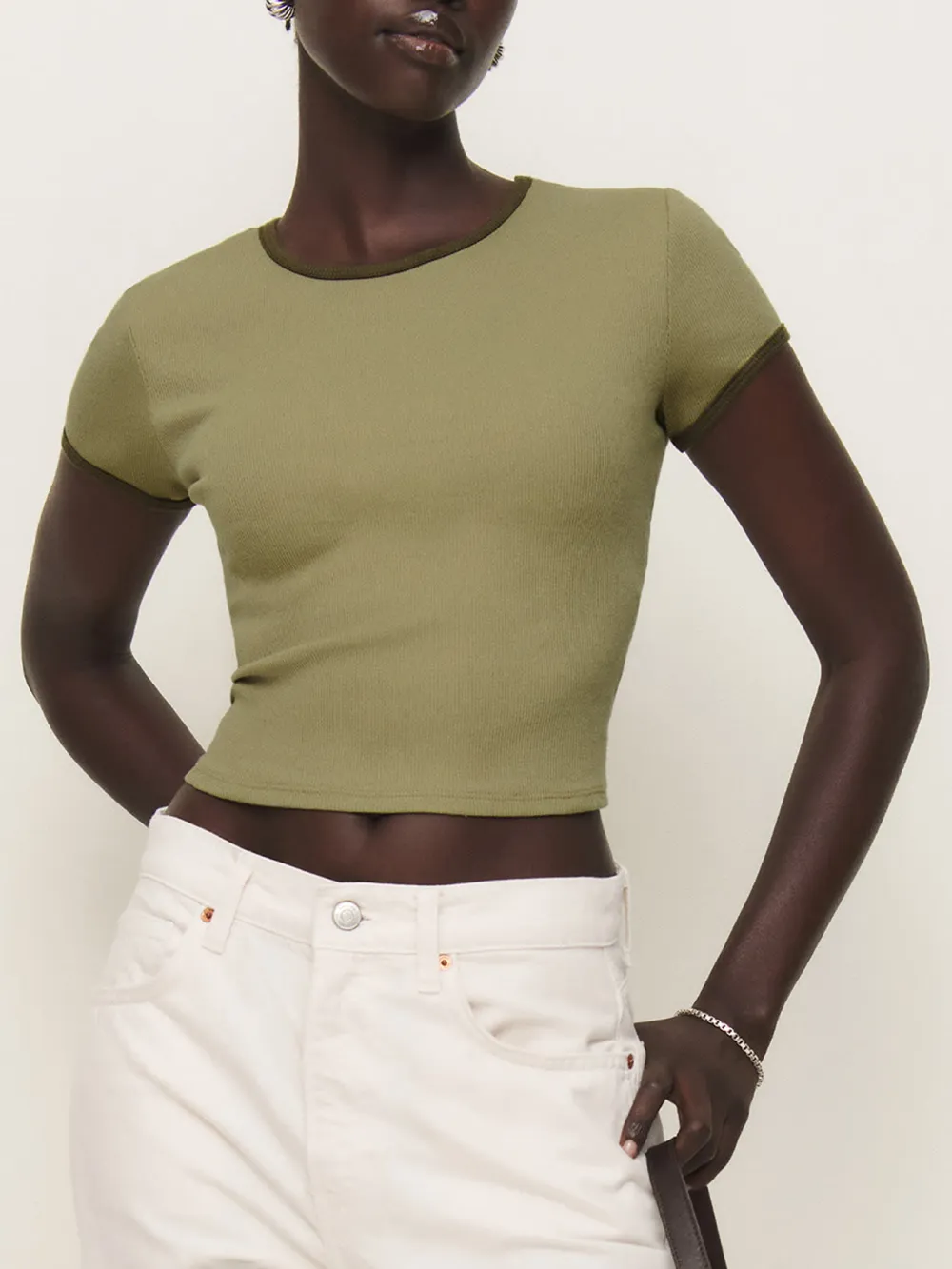 Ribbed Trim Cropped Knit Tee