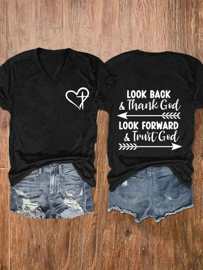 Women's Look Forward And Thank God Print V-Neck Casual T-Shirt